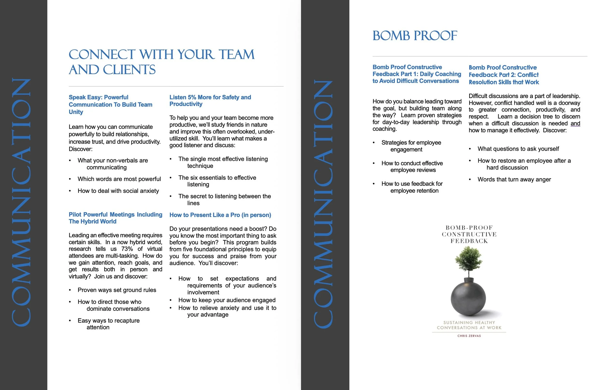 Two pages of a booklet or brochure titled 'Connect with Your Team and Clients' and 'Bomb Proof,' featuring tips on effective communication, leadership, feedback, and coaching, alongside a small image of a round black vase with a green plant on top.