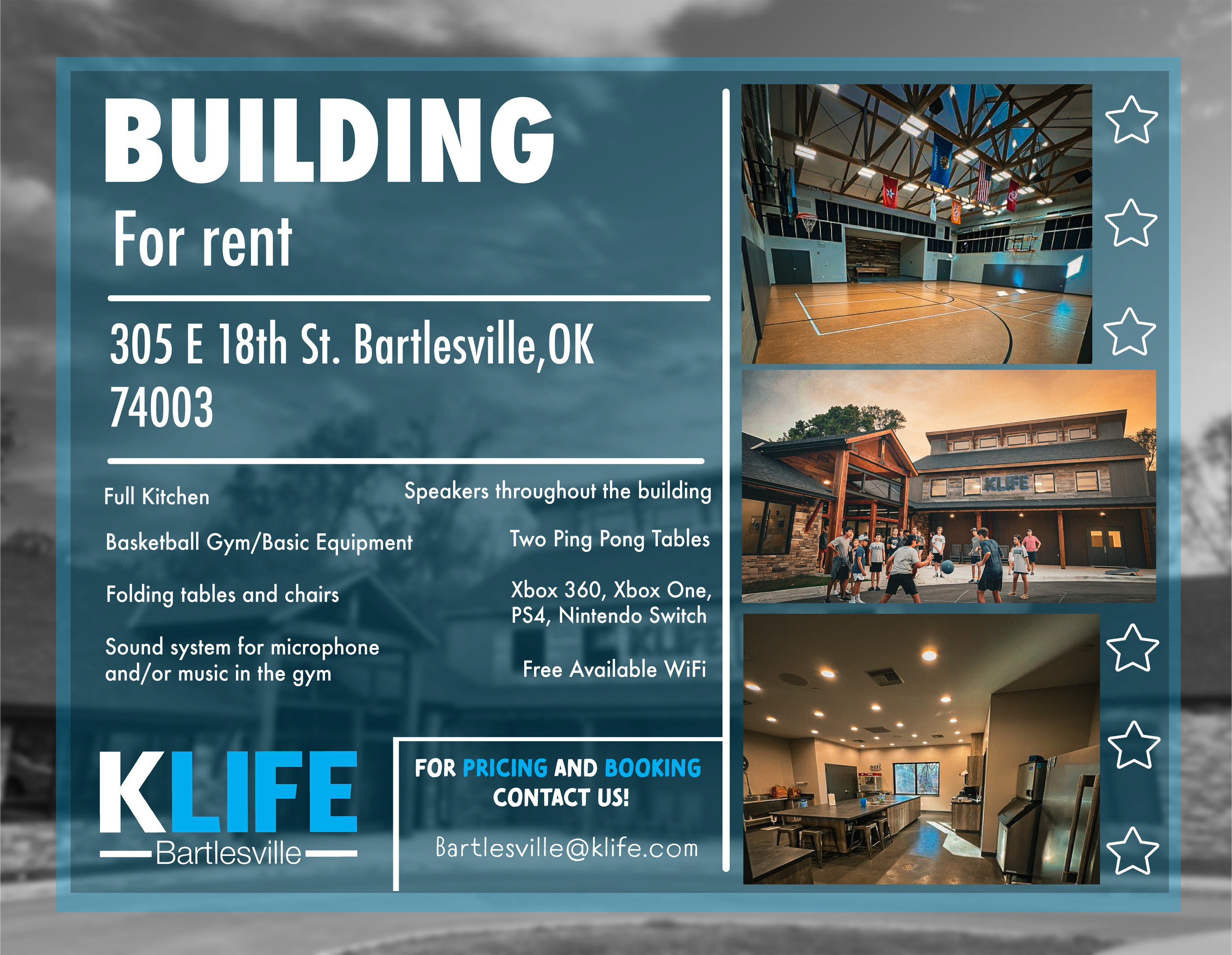 Flyer advertising a building for rent at 305 E 18th St., Bartlesville, OK, with images of an indoor gymnasium, an outdoor pavilion with people playing ping pong, and a community kitchen or lounge area. The flyer lists amenities including a full kitchen, basketball gym, ping pong tables, folding furniture, sound system, gaming consoles, free WiFi, and contact information for pricing and booking.