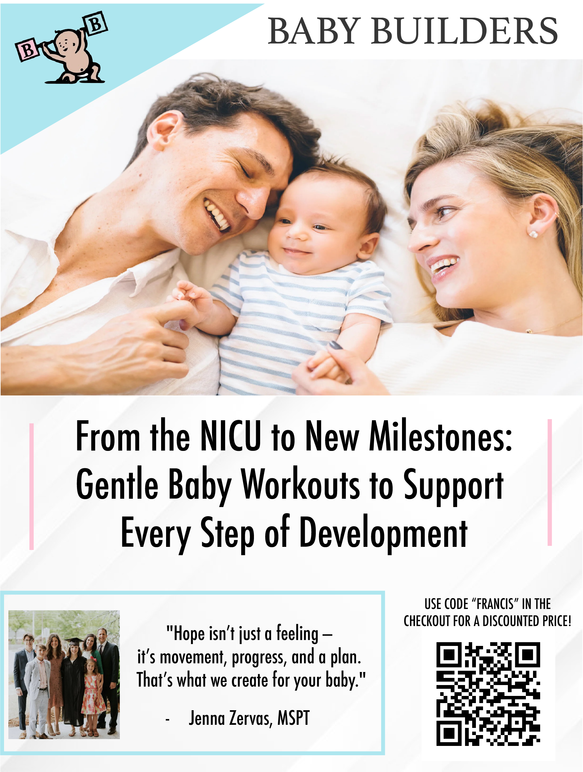 A family of three lying together on a bed, smiling and interacting. The father and mother are on either side of their baby, who is in the center. The image promotes a baby workout program.