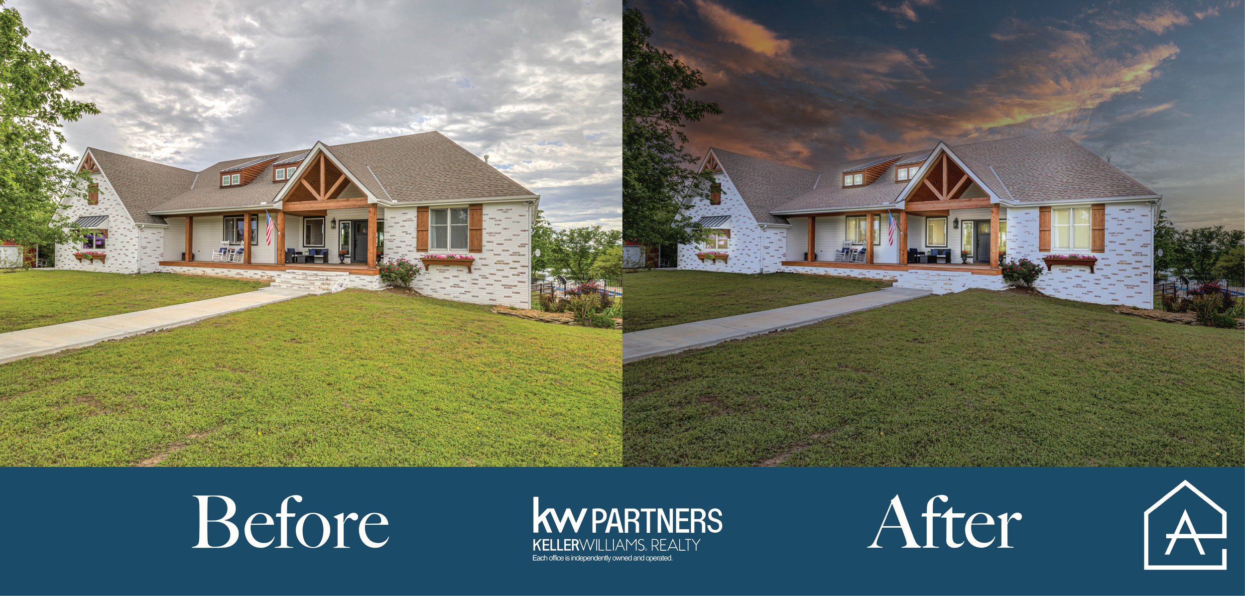 Side-by-side comparison of a house before and after exterior renovation. The house has a white brick facade, a large front porch with wooden beams, and a sloped roof. The 'before' image shows a cloudy sky, while the 'after' image depicts a sunset sky with clouds illuminated in orange and purple tones. The front yard features green grass, a concrete pathway, and some shrubs.