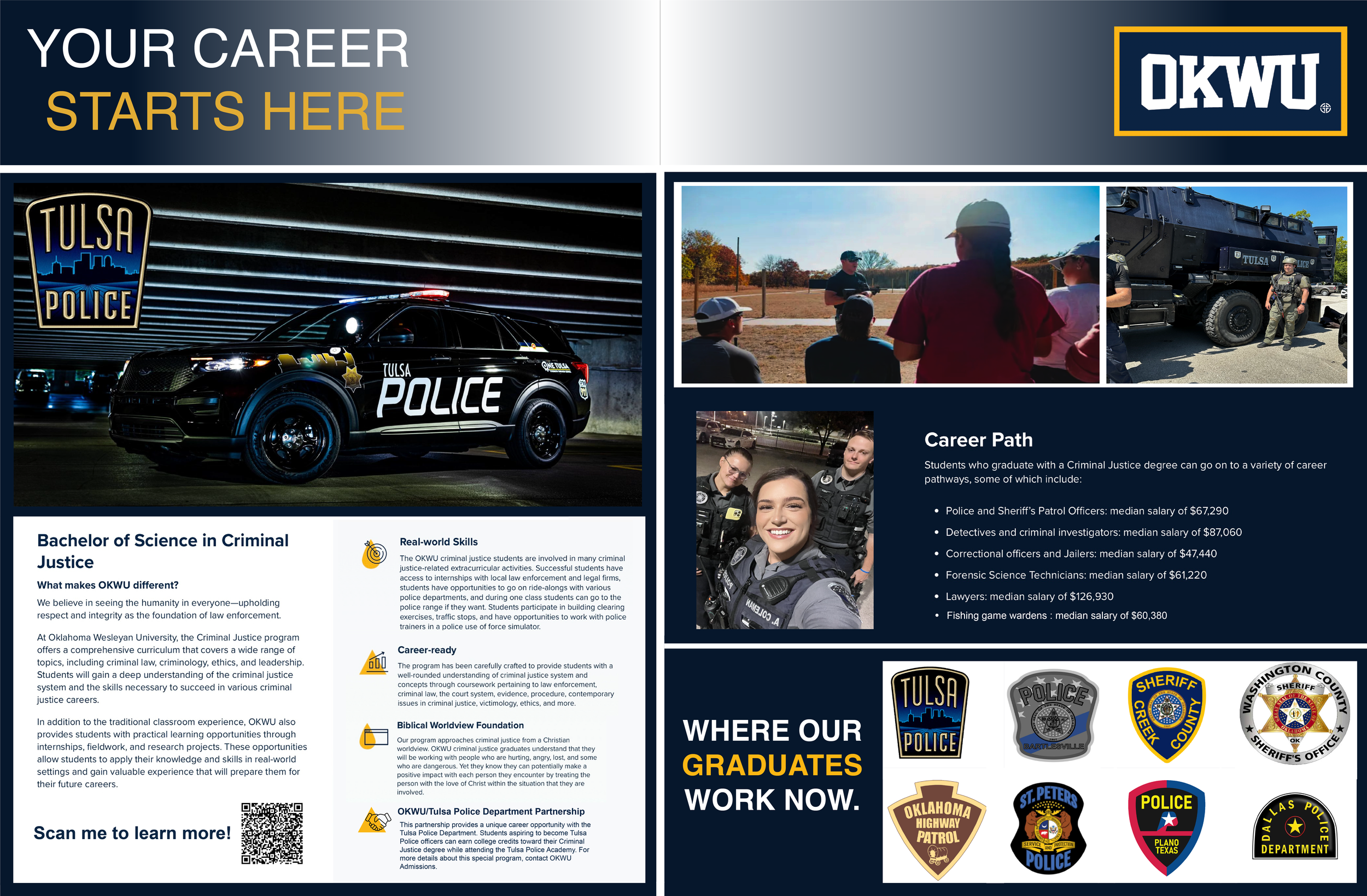 A recruitment flyer for Oklahoma Wesleyan University highlighting careers in criminal justice and law enforcement, featuring images of police cars, officers, and students, with logos of multiple police departments and information about programs and career paths.