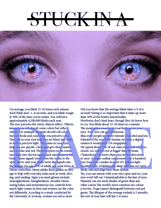 Close-up of a person with bright blue eyes and makeup, with the phrase 'STUCK INA' crossed out at the top.