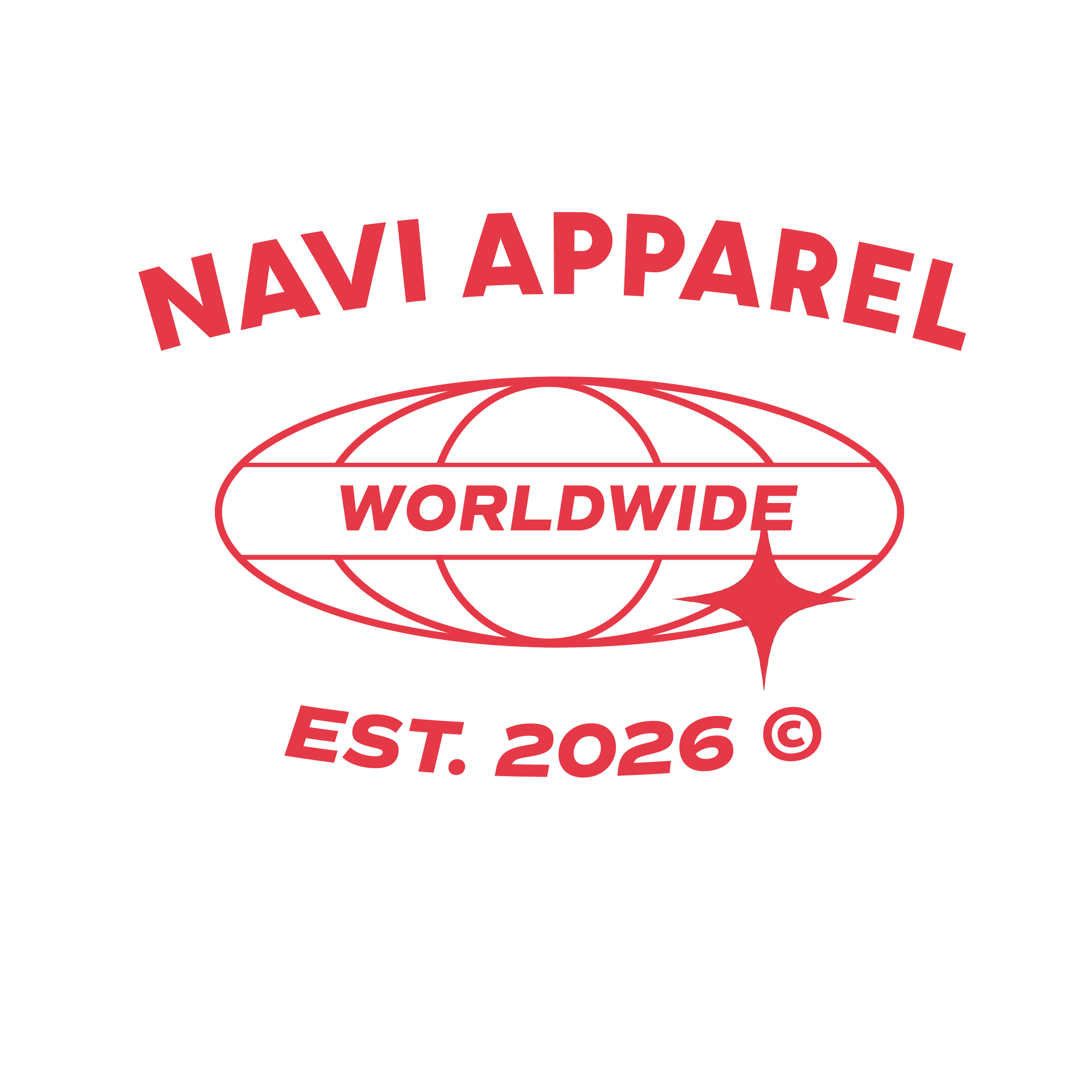 Logo for Navi Apparel, featuring a globe design with the word 'Worldwide' and establishing the brand in 2026, using red text and graphics.