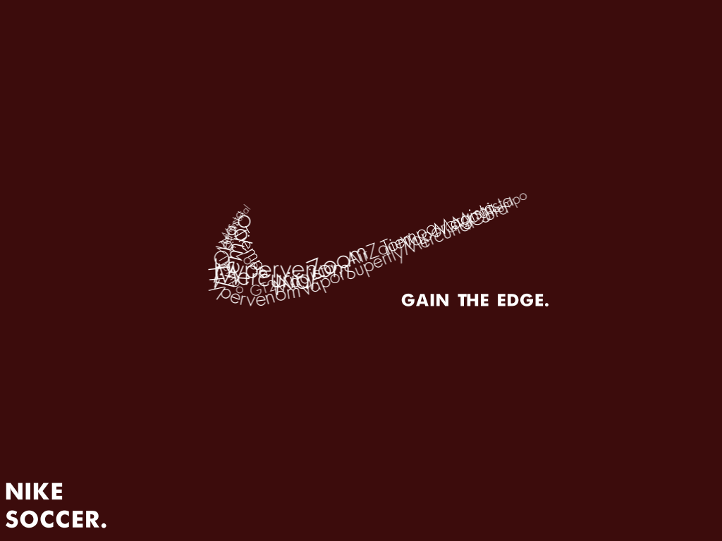 Nike soccer shoe with white text that reads "Gain the Edge" and a background with scattered words "Perceived."