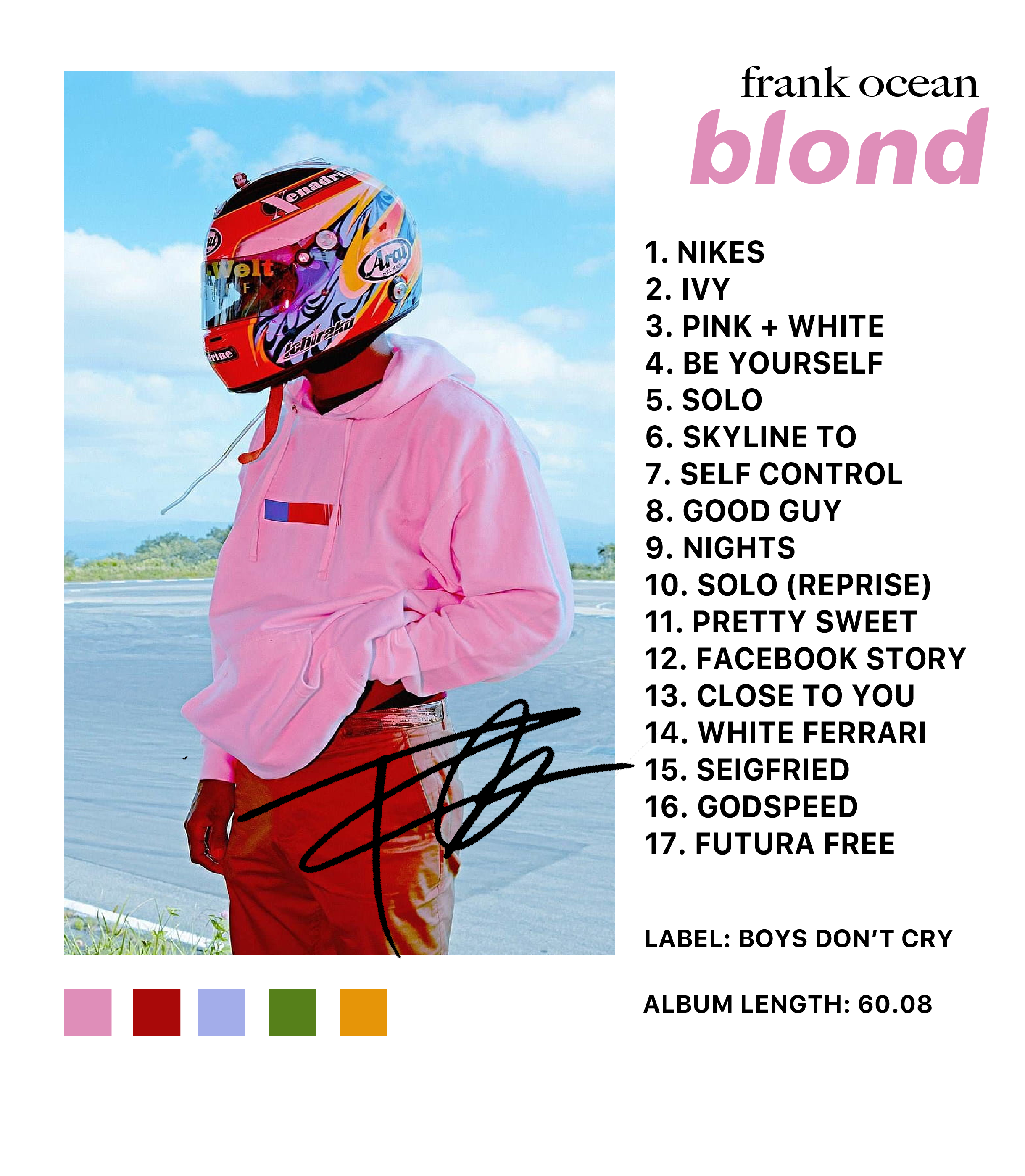 A person wearing a colorful racing helmet and a pink hoodie stands outdoors against a partly cloudy sky. The hoodie has a small flag motif on the chest. There is a track or road in the background with greenery visible beyond.