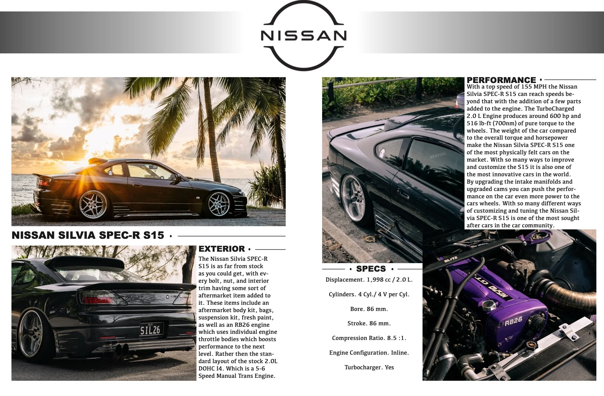 A Nissan Silvia S15 parked on a road with palm trees and sunset in the background, featuring a sleek black exterior, aftermarket rims, and lowered stance.
