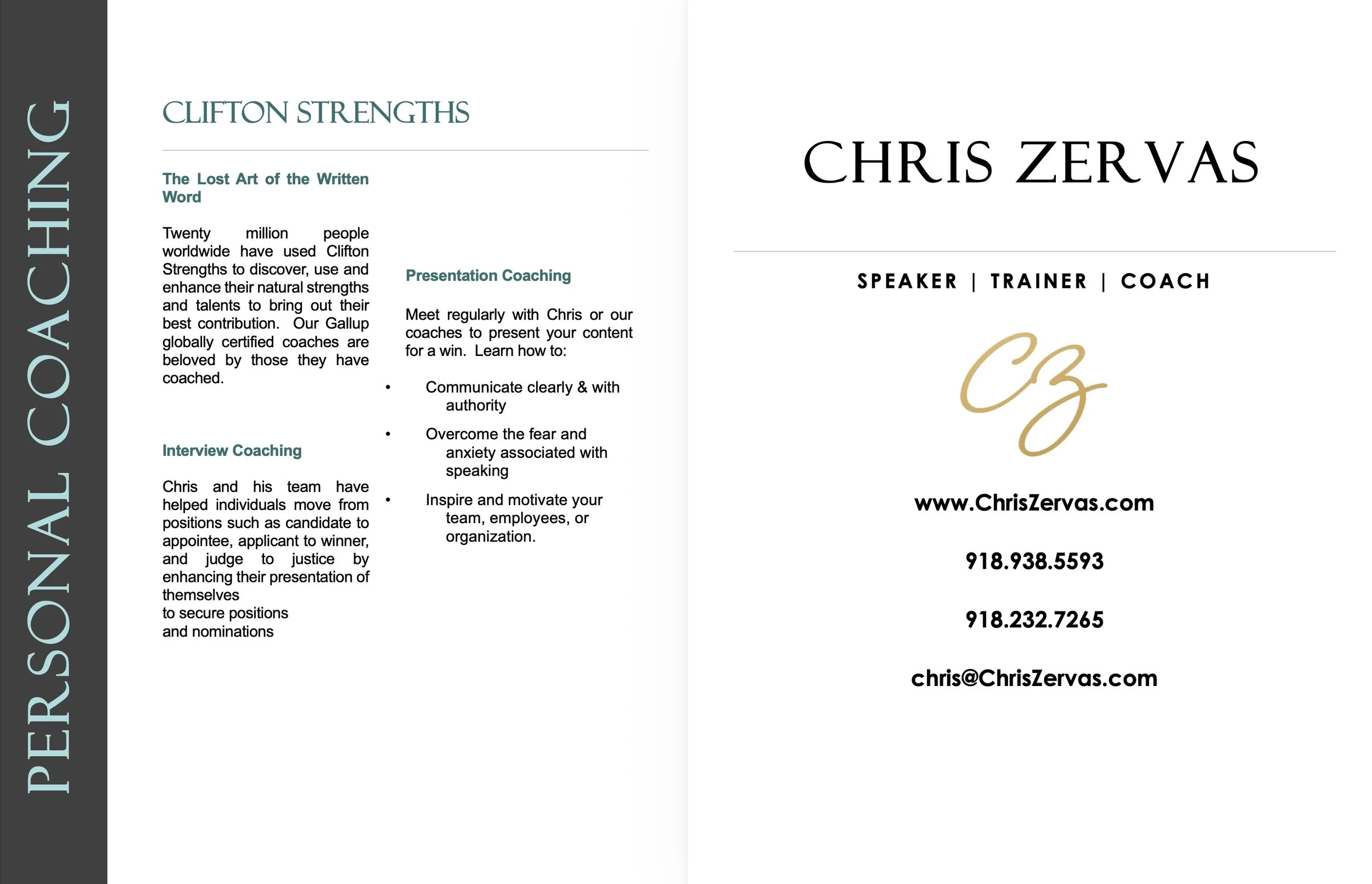 Business card for Chris Zervas, a speaker, trainer, and coach. The card includes contact information: website www.ChrisZervas.com, phone numbers 918.938.5593 and 918.232.7265, and email chris@ChrisZervas.com. The right side displays the name Chris Zervas in large font with titles underneath. The left side features a brochure or portfolio with the heading 'Personal Coaching' and descriptions of services such as Clifton Strengths, Presentation Coaching, and Interview Coaching.