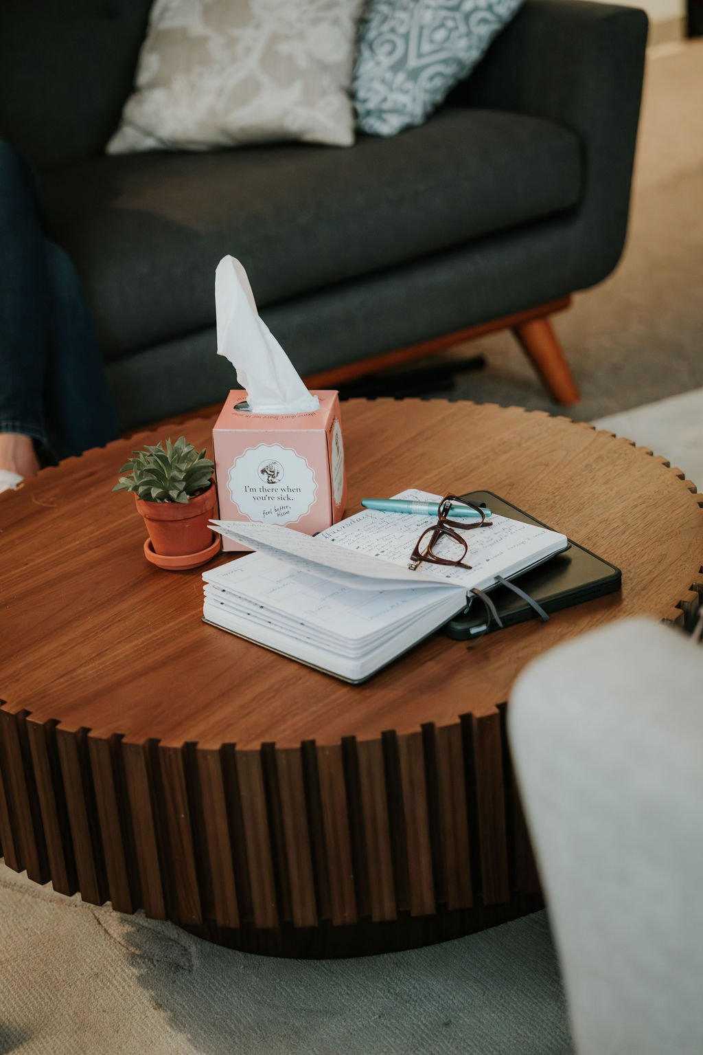 A wooden coffee table with a potted succulent, a box of tissues, a journal with reading glasses, a pen, and a smartphone, in a cozy living room.
