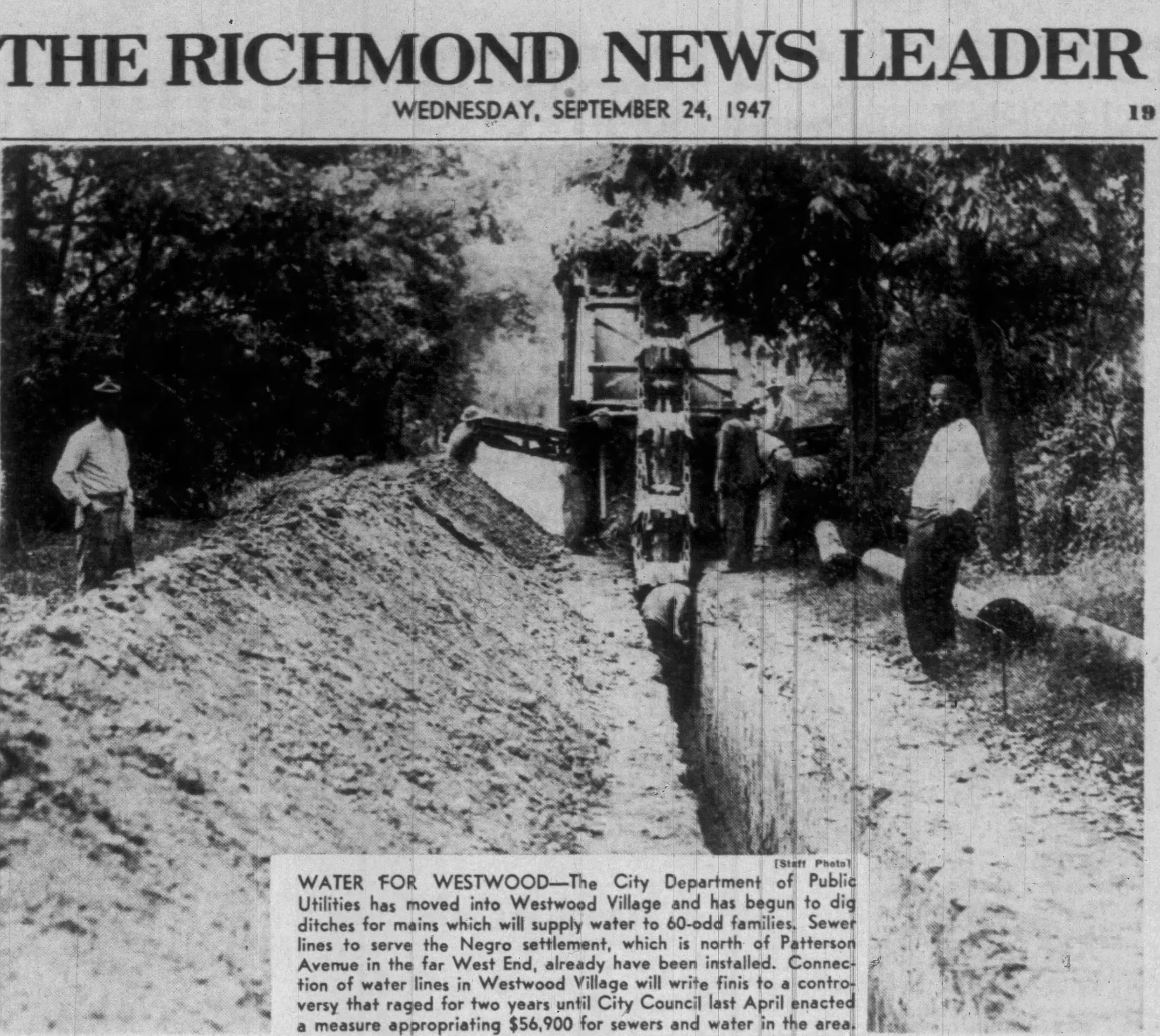 Black and white historical newspaper page from 'The Richmond News Leader' dated Wednesday, September 24, 1947, featuring a photo of construction work on a water line, with workers and equipment visible amid trees, and an article about new water infra