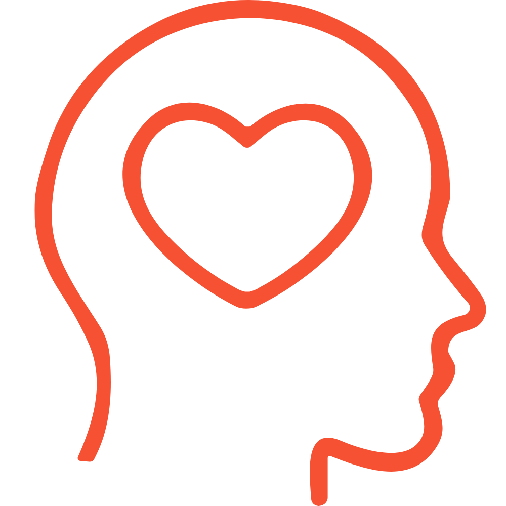 Line drawing of a human head in profile with a heart inside the brain area.