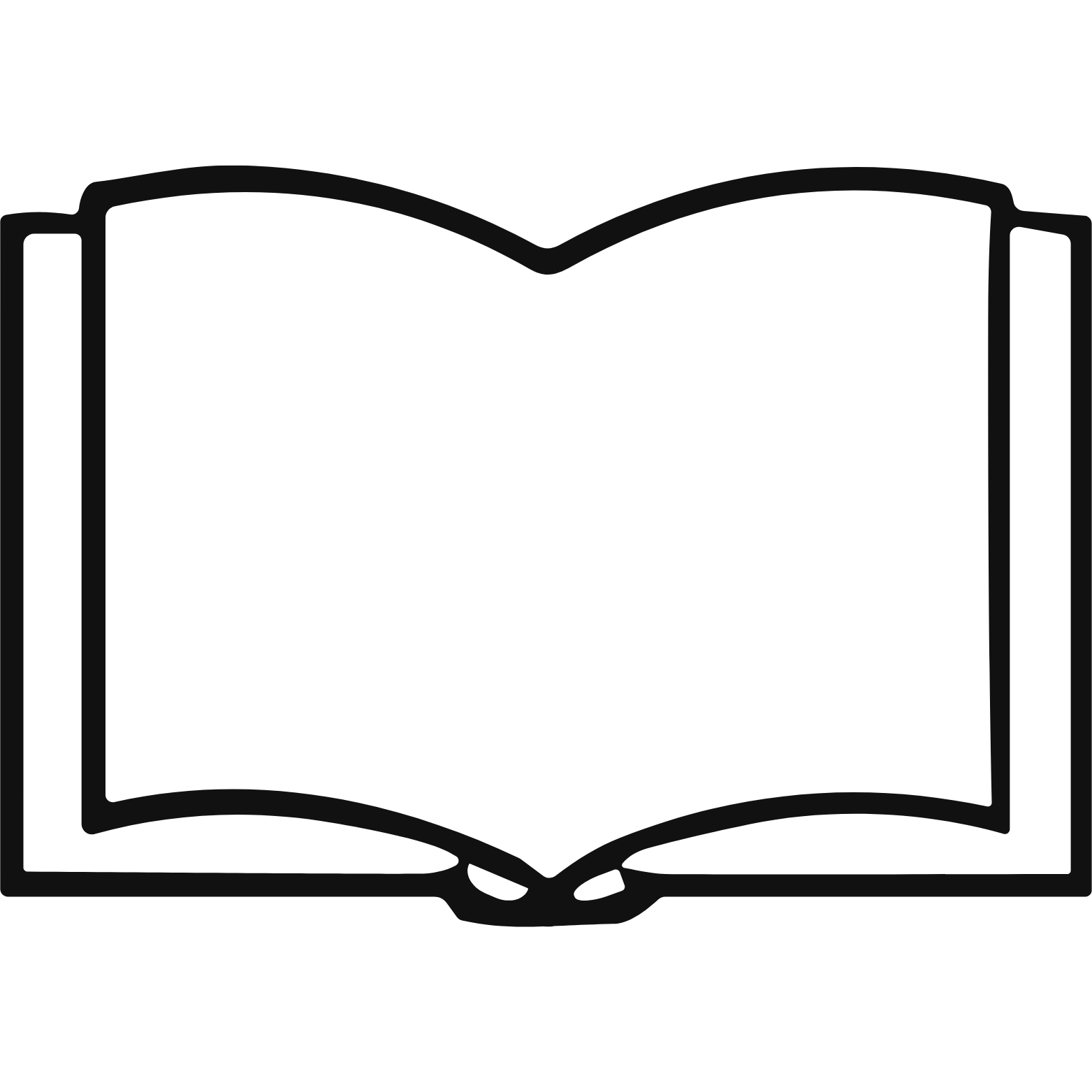 Outline of an open book with blank pages.