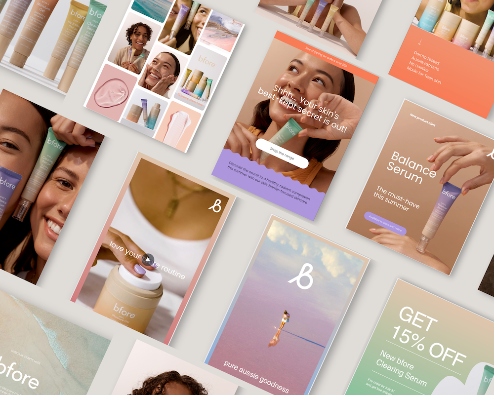 Collection of skincare product advertisements featuring images of women, product bottles, and promotional messages.