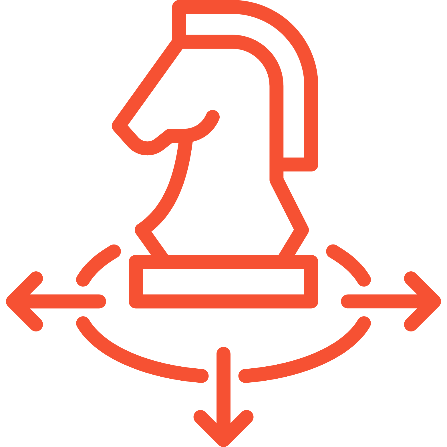 Red outline icon of a hammer inside a square, with arrows pointing in four directions from the corners and a downward arrow below.