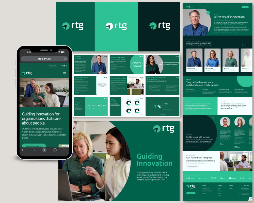 A collection of digital and printed marketing materials for RTG, including a smartphone screen displaying a webpage with the headline "Guiding innovation for organisations that care about people," a company brochure with the title "Guiding Innovation," and several pages with images of people, text, and graphics about the company’s services and values.