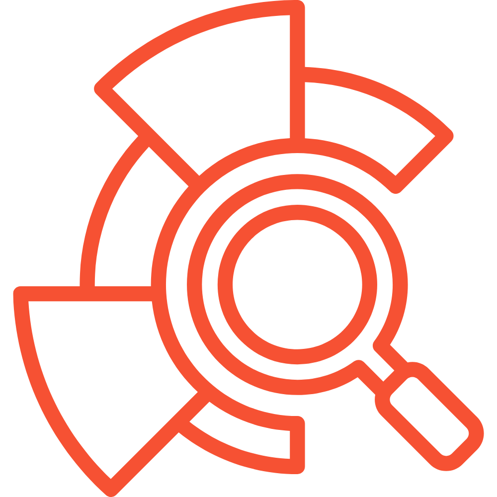 A red outlined graphic of a partial circle with segments, resembling a pie chart, with a magnifying glass over the center.