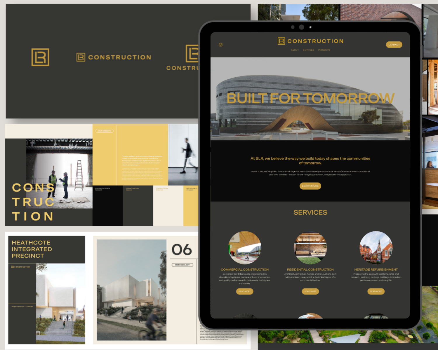 Modern construction company's website mockup featuring a dark color scheme with yellow accents, showcasing architectural designs, construction services, and project images, including a large building with a curved facade and interior room photos.