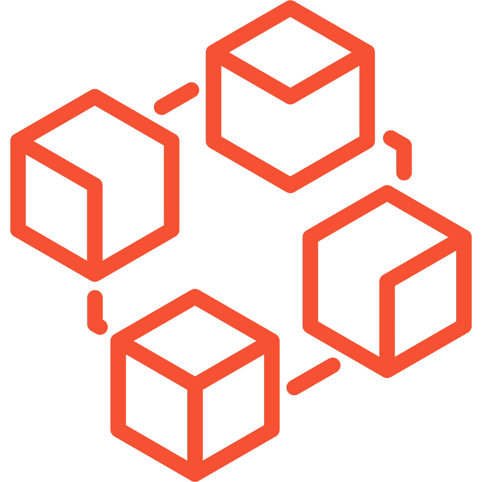 Illustration of interconnected cubes in orange outline, representing blockchain or digital ledger technology.