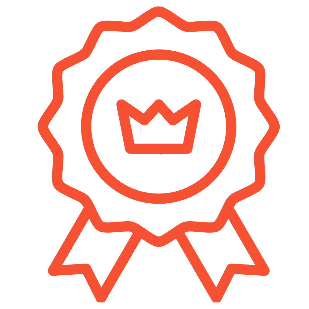 Red outline award ribbon with a crown symbol in the center.