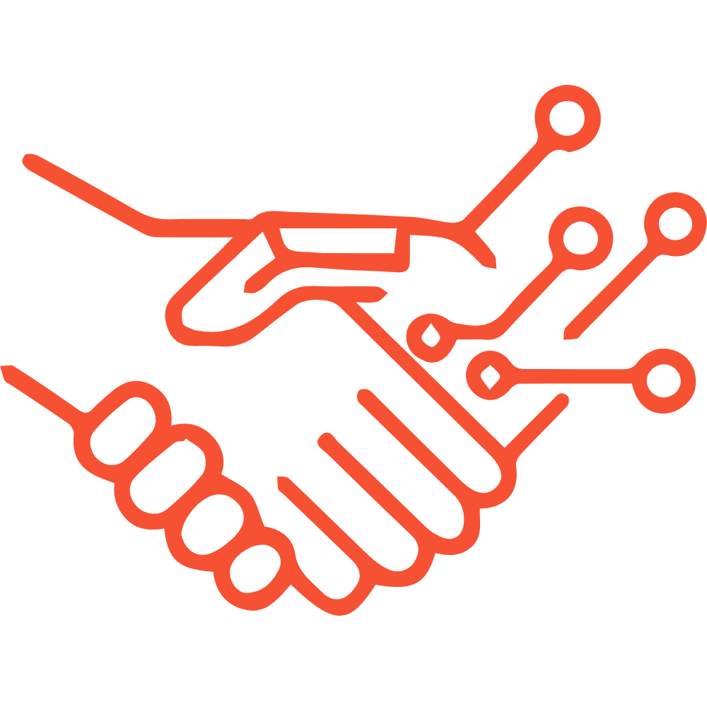 Outline illustration of two hands shaking, with digital circuit lines extending from the hands, symbolizing technology and partnership.