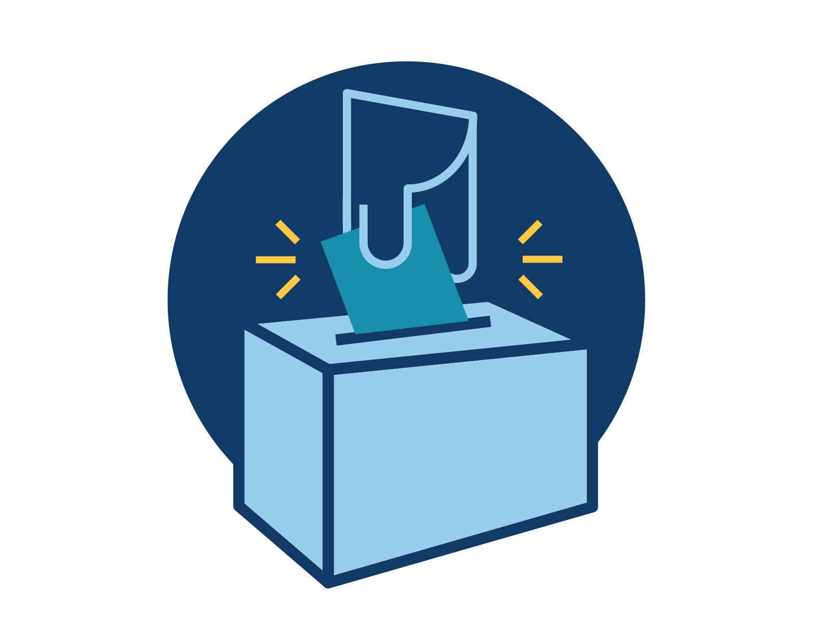 A ballot box with a slot on top and a ballot being inserted, depicted in a blue color scheme.