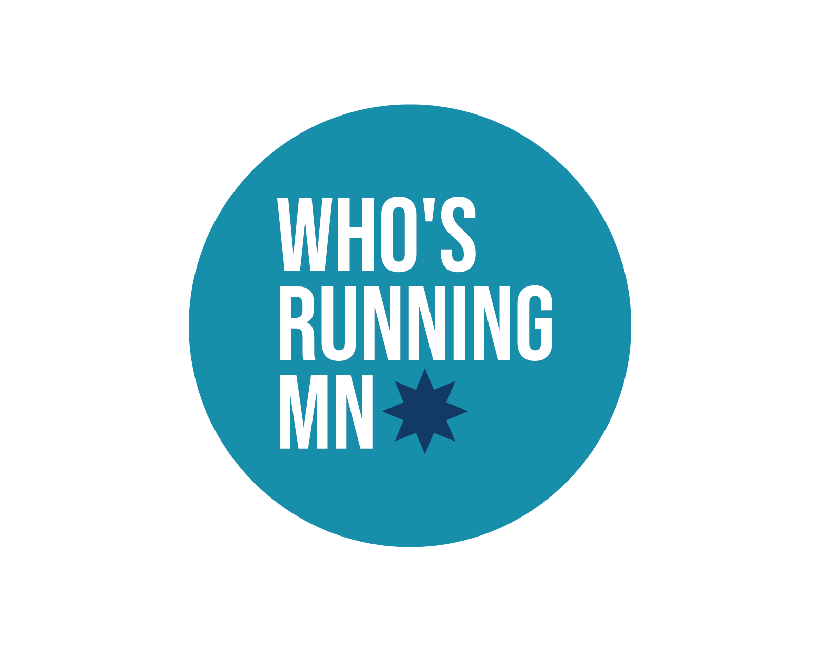 Blue circle with the text "Who's Runnin MN" and a star graphic.