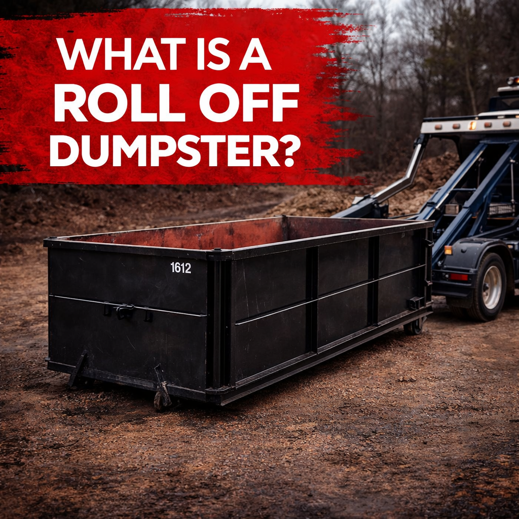 Roll-off dumpster from Arrow Dumpster Rental shown with delivery truck, explaining what a roll-off container is and how it’s used for efficient waste removal on job sites and home projects.