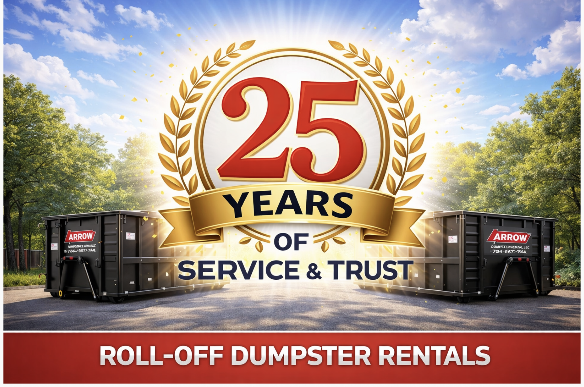 25 years of trusted dumpster rental service from Arrow Dumpster Rental, featuring roll-off containers and a commitment to reliability, fast delivery, and customer satisfaction across the Charlotte area.