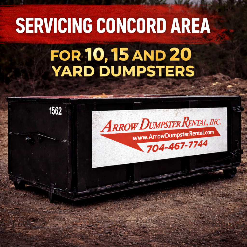 Affordable dumpster rental in Concord, NC. 10, 15, and 20 yard dumpsters for cleanouts, construction, and junk removal. Call for fast serv