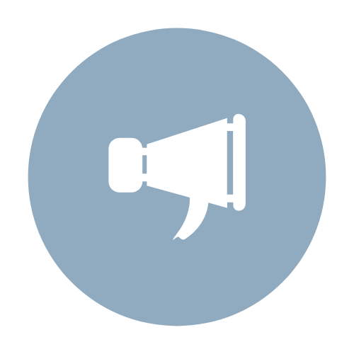 Icon of a white megaphone on a blue circular background.