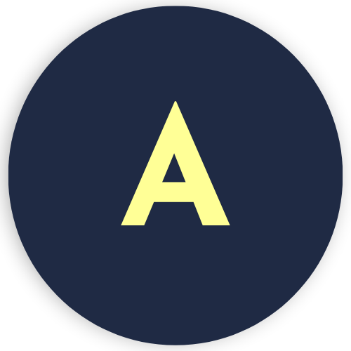 A yellow capital letter 'A' on a dark blue circular background.