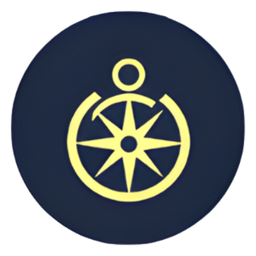 Yellow compass icon on a dark background.