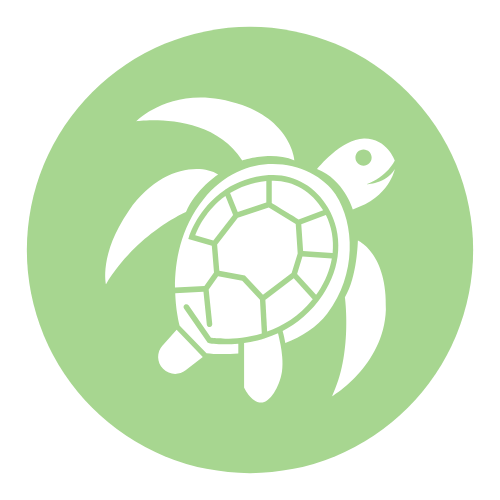 A white outline of a turtle with leaves on a green circular background.