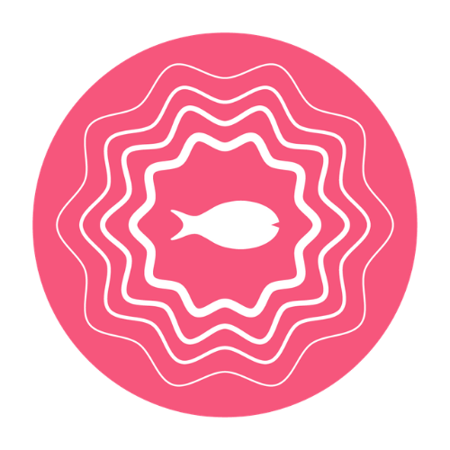 Pink circular background with white concentric wavy lines and a small fish silhouette in the center.