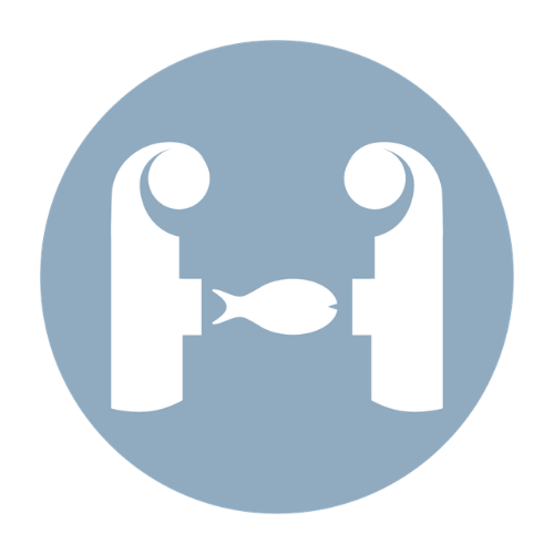 A stylized illustration of a fish between two marine-style lanterns.