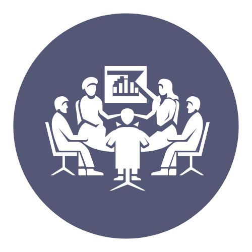 Illustration of five people sitting around a conference table in a business meeting, with one person pointing at a bar chart on a screen.