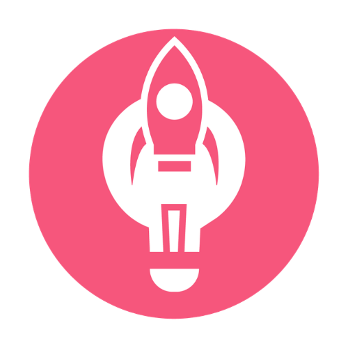 Pink circle with a white rocket icon in the center.