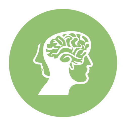 Green circular icon featuring a white outline of three human heads, each with a brain diagram.