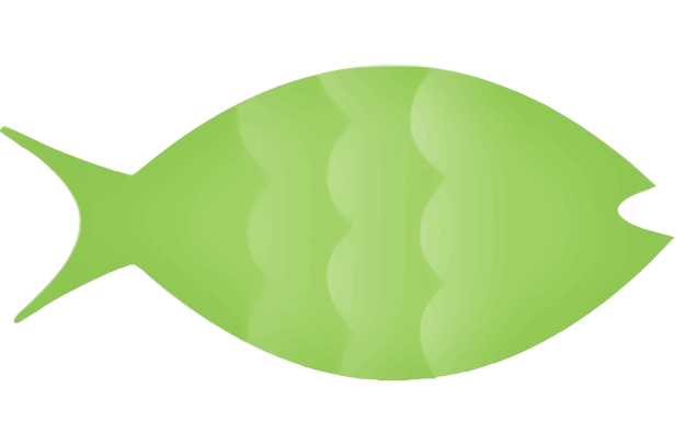A green fish with a simple, stylized design, featuring a gradient shade from dark to light green and minimal details.