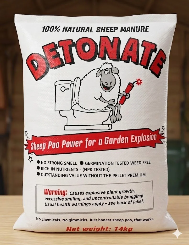 A white bag of sheep manure labeled 'Detonate'. The design features a cartoon sheep sitting on a toilet holding a small explosive device. The label states it is natural sheep manure, intended to promote explosive plant growth in gardens. It includes health warnings and is described as free from chemicals and gimmicks, with a net weight of 14 kilograms.