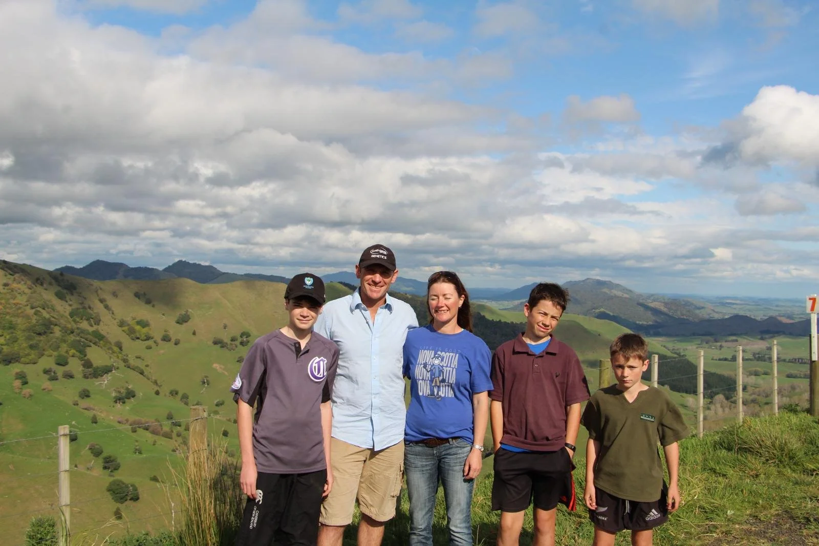 Group of five people standing outdoors on a hilly landscape with green hills, fences, and a partly cloudy sky in the background.