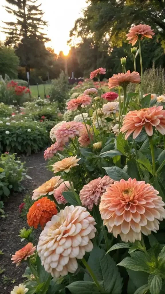 A garden with various colorful flowers, including dahlias, at sunset with trees in the background.