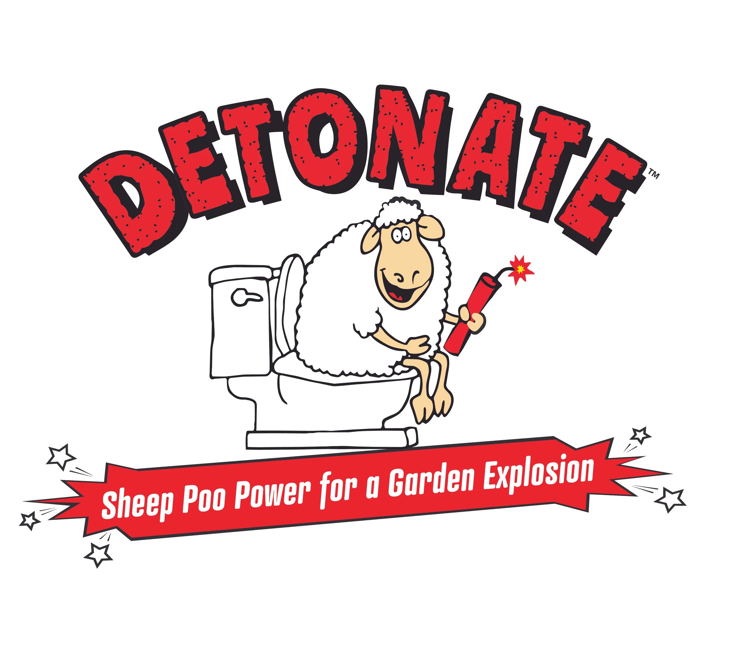 Cartoon sheep sitting on a toilet holding a lit fireworks fuse, with the word 'Detonate' in bold red letters above and a red banner below that reads 'Sheep Poo Power for a Garden Explosion'.