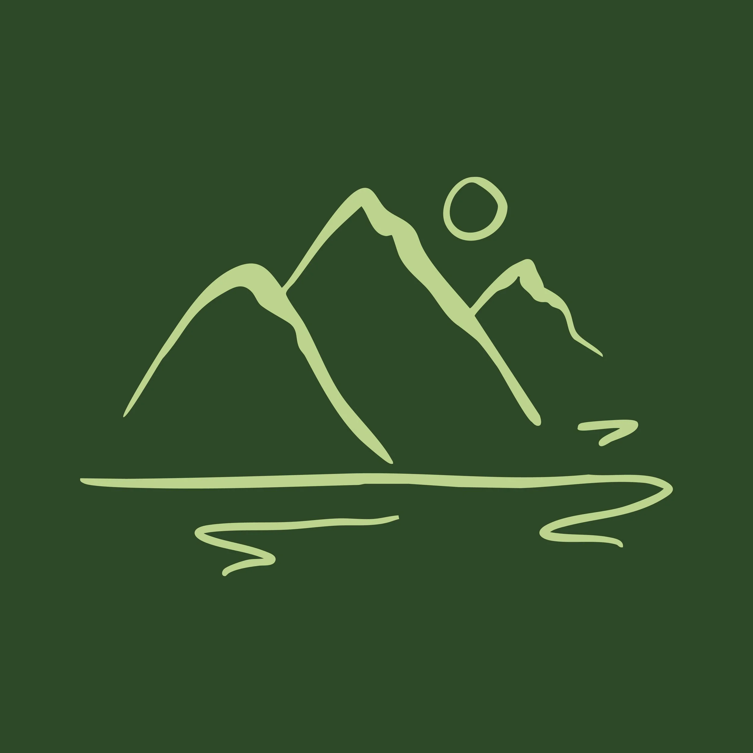 Stylized illustration of mountain peaks on a dark green background with light green outlines and a curved light green line at the bottom.