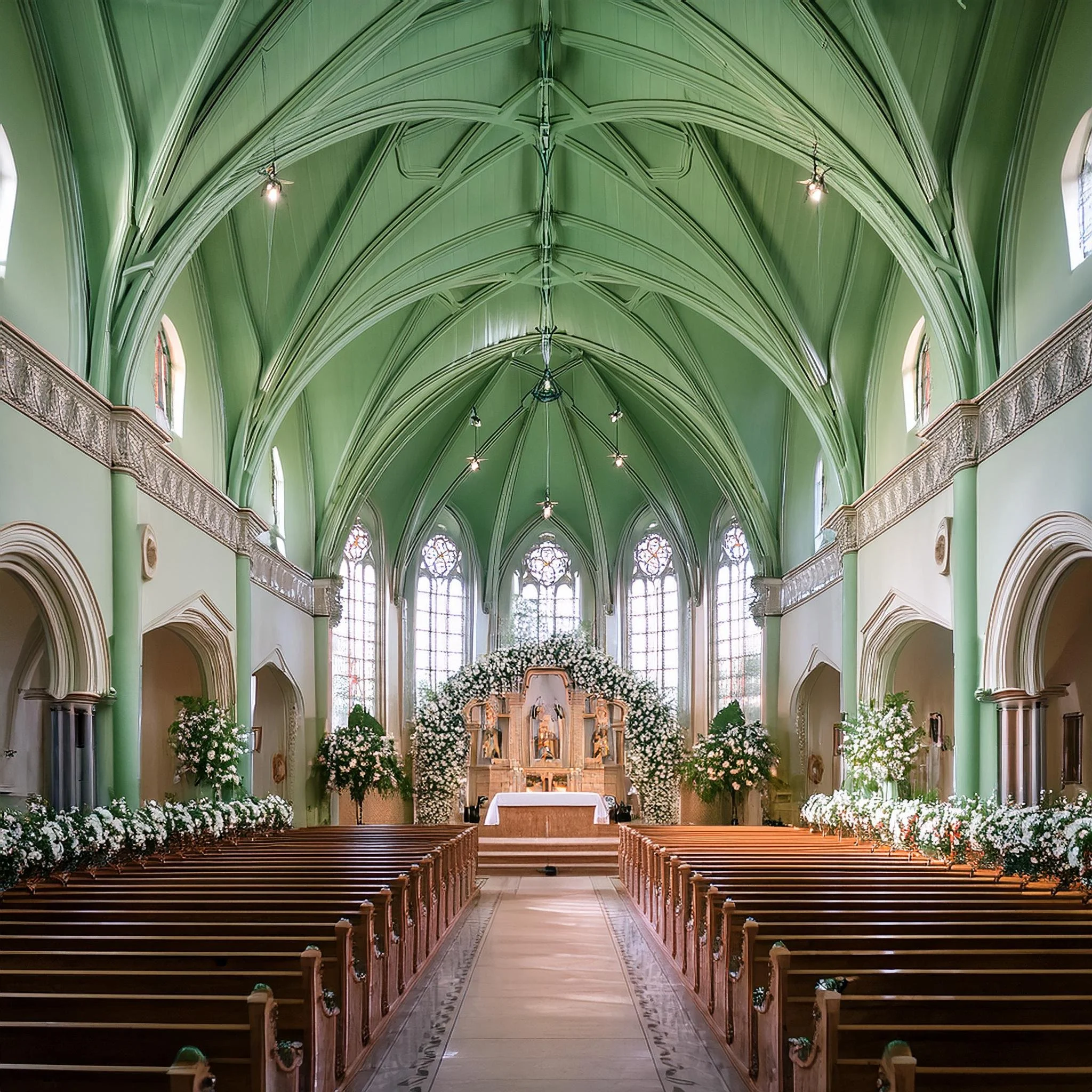 Interior of a church decorated for a wedding, featuring green vaulted ceilings, stained glass windows, wooden pews with floral arrangements, and an altar adorned with white flowers.
