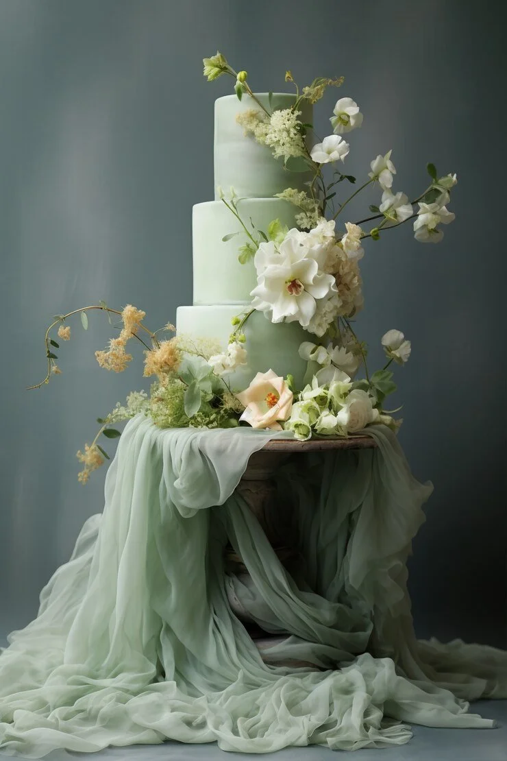A three-tiered white wedding cake decorated with white flowers and greenery, draped with soft, flowing fabric on a wooden table against a dark background.