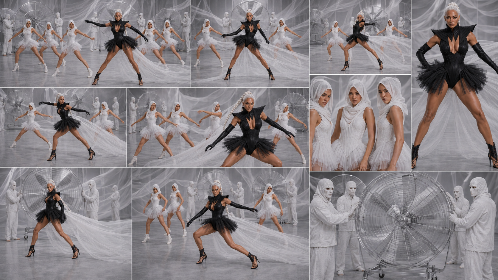 Dance ensemble mid-formation on the white set — Switch It Up AI performance video