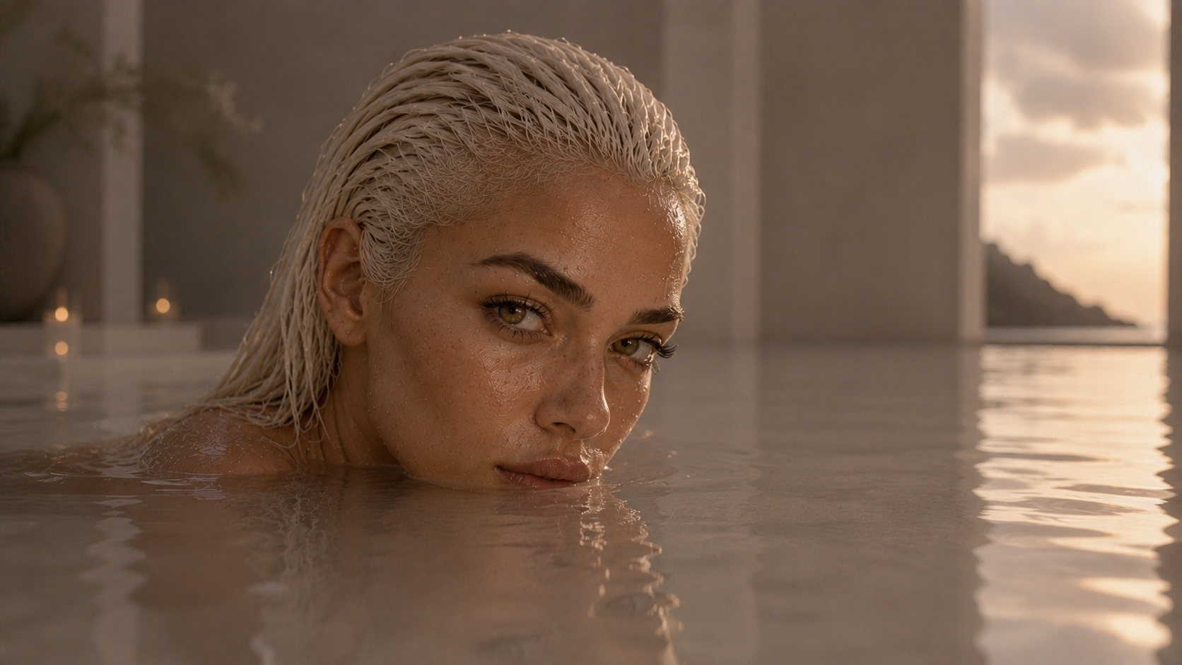 Sunset pool scene from the Horizon AI music video — artist Polka.BLK