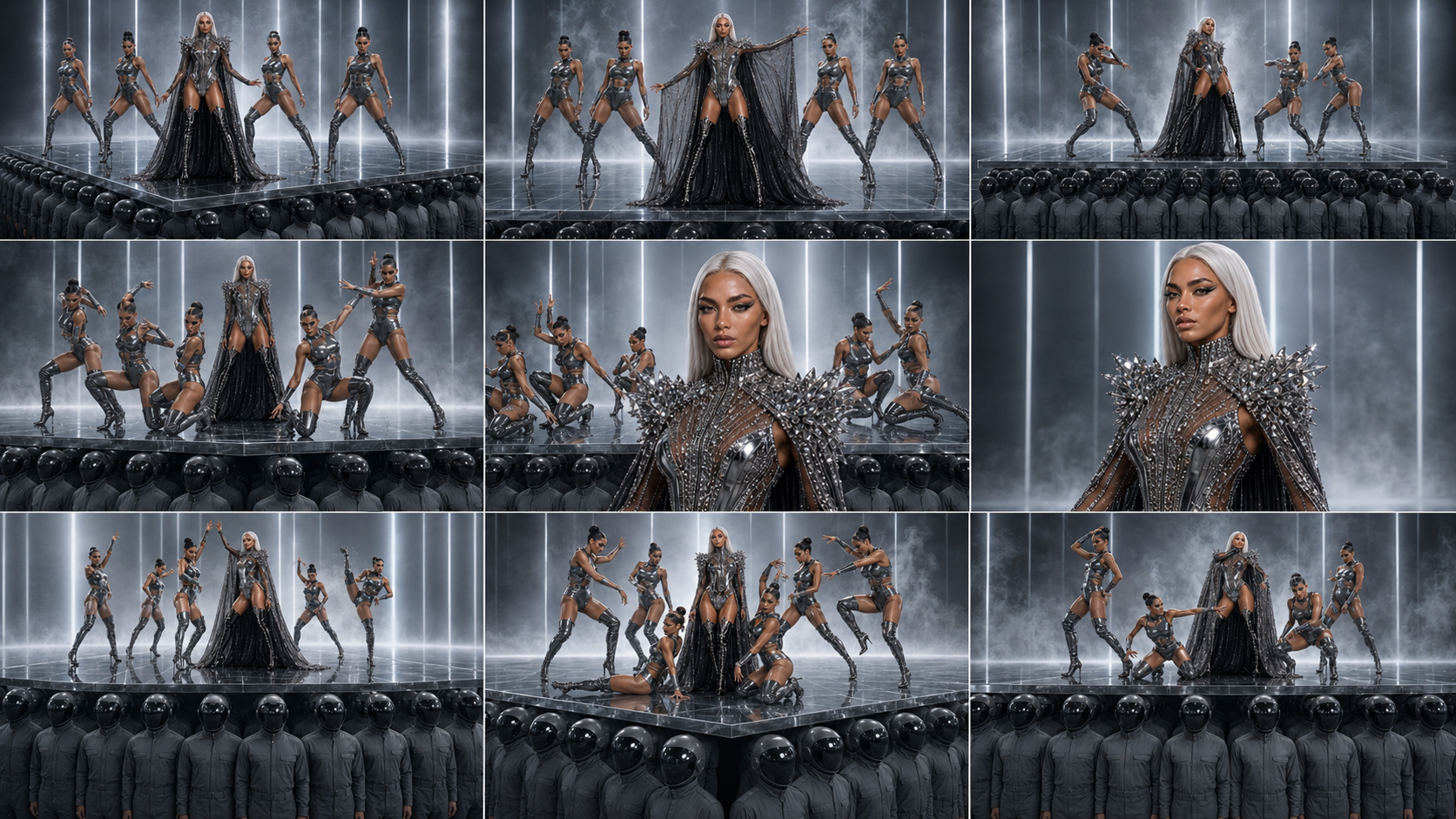 Chrome-armour finale frame from the Switch It Up AI music video