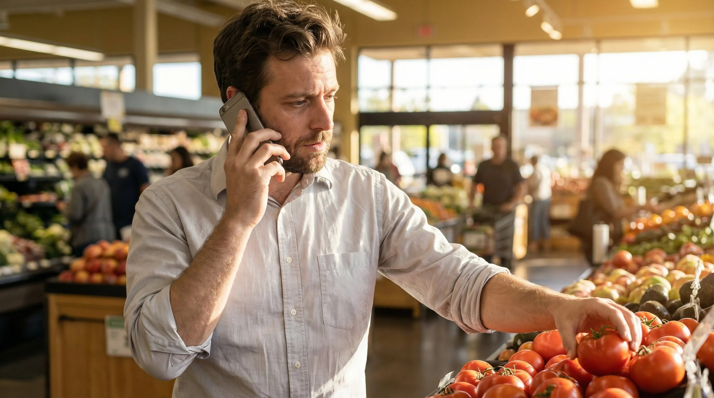 Mid-errand phone-call frame from The Note AI advert