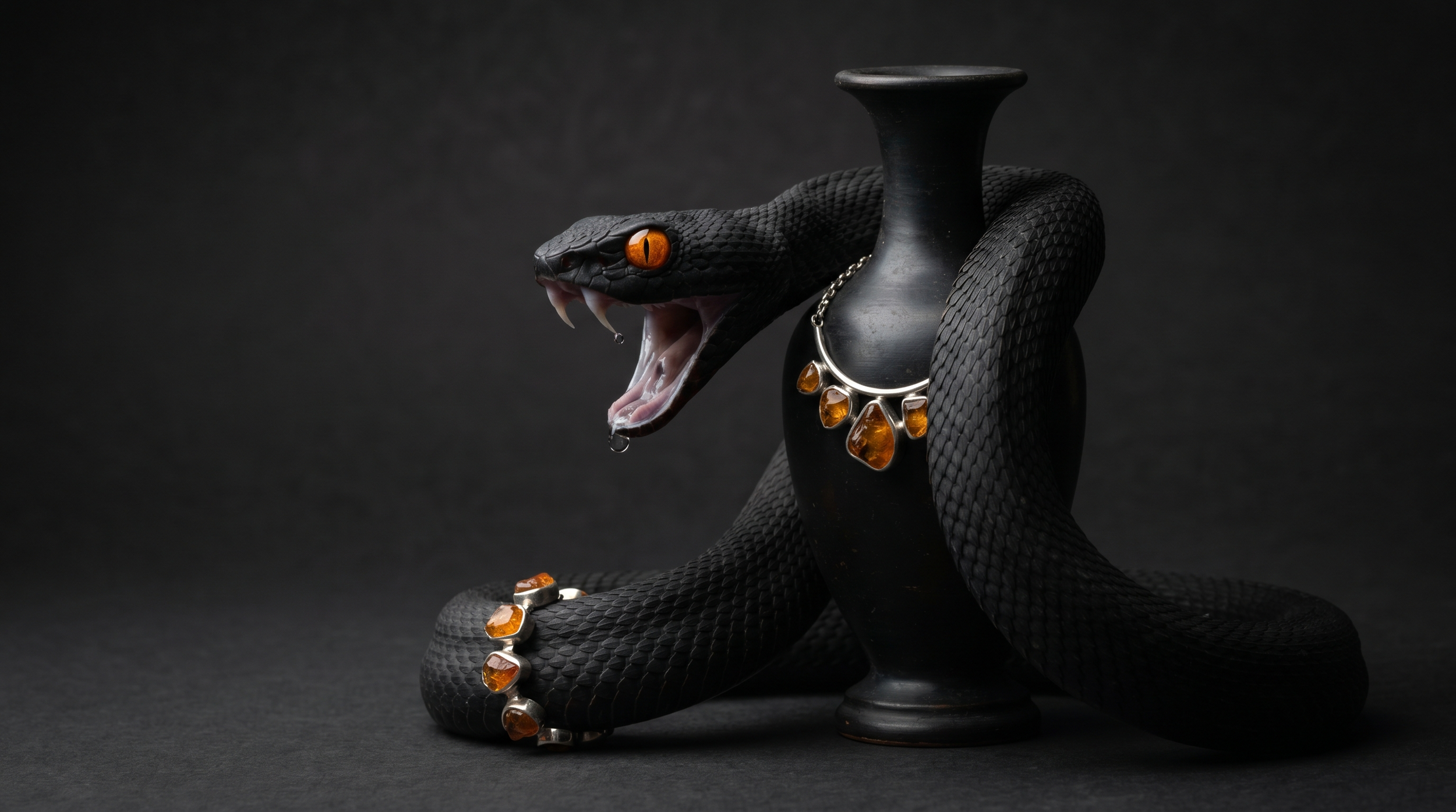 Amber Snake luxury jewellery advert — silver-and-amber necklace on a matte black urn with a coiled snake, amber catching the only light